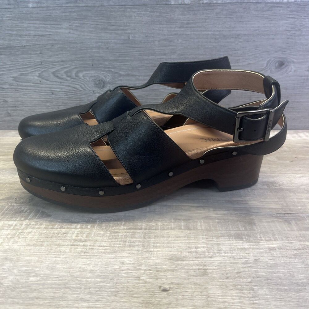 Vionic Black Leather Slingback Clogs with Buckle and Stud Trim
